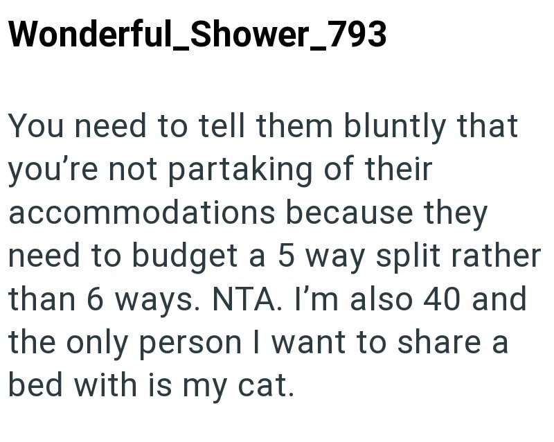 Wonderful_Shower_793 You need to tell them bluntly that you're not partaking of their accommodations because they need to budget a 5 way split rather than 6 ways. NTA. I'm also 40 and the only person I want to share a bed with is my cat.