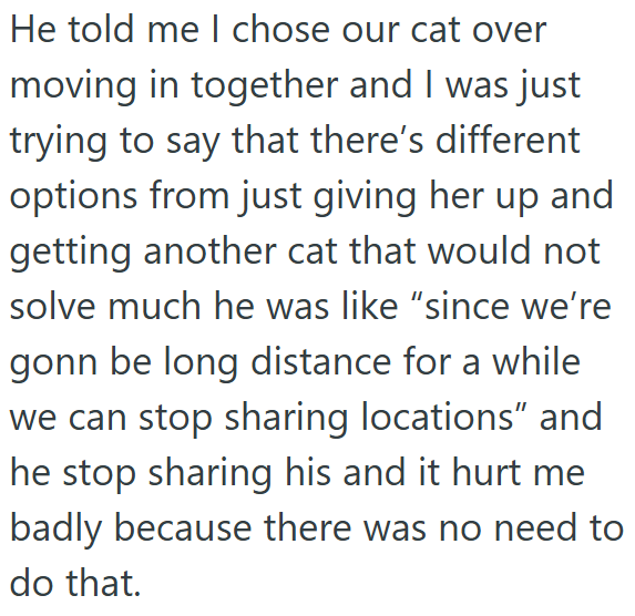 He told me I chose our cat over moving in together and I was just trying to say that there's different options from just giving her up and getting another cat that would not solve much he was like "since we're gonn be long distance for a while we can stop sharing locations" and he stop sharing his and it hurt me badly because there was no need to do that.