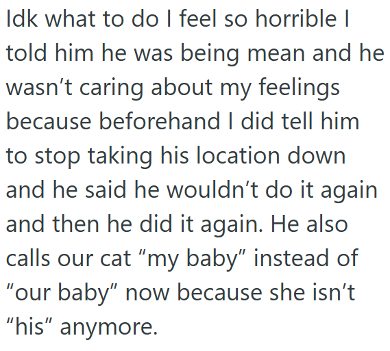 Idk what to do I feel so horrible I told him he was being mean and he wasn't caring about my feelings because beforehand I did tell him to stop taking his location down and he said he wouldn't do it again and then he did it again. He also calls our cat "my baby" instead of "our baby" now because she isn't "his" anymore.