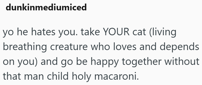 dunkinmediumiced yo he hates you. take YOUR cat (living breathing creature who loves and depends on you) and go be happy together without that man child holy macaroni.