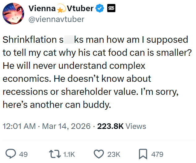 Vienna Vtuber @viennavtuber Shrinkflation s ks man how am I supposed to tell my cat why his cat food can is smaller? He will never understand complex economics. He doesn't know about recessions or shareholder value. I'm sorry, here's another can buddy. 12:01 AM · Mar 14, 2026 223.8K Views 49 1.1K 23K ☐ 479