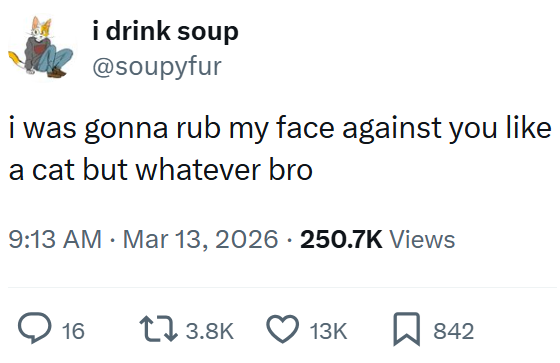 i drink soup @soupyfur i was gonna rub my face against you like a cat but whatever bro 9:13 AM Mar 13, 2026 250.7K Views 16 13.8K 13K ☐ 842