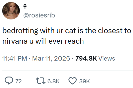 우 @rosiesrib bedrotting with ur cat is the closest to nirvana u will ever reach 11:41 PM · Mar 11, 2026 · 794.8K Views 72 176.8K 39K