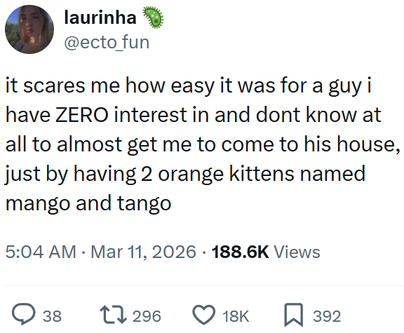 laurinha @ecto_fun it scares me how easy it was for a guy i have ZERO interest in and dont know at all to almost get me to come to his house, just by having 2 orange kittens named mango and tango 5:04 AM · Mar 11, 2026 188.6K Views 38 17296 18K ☐ 392