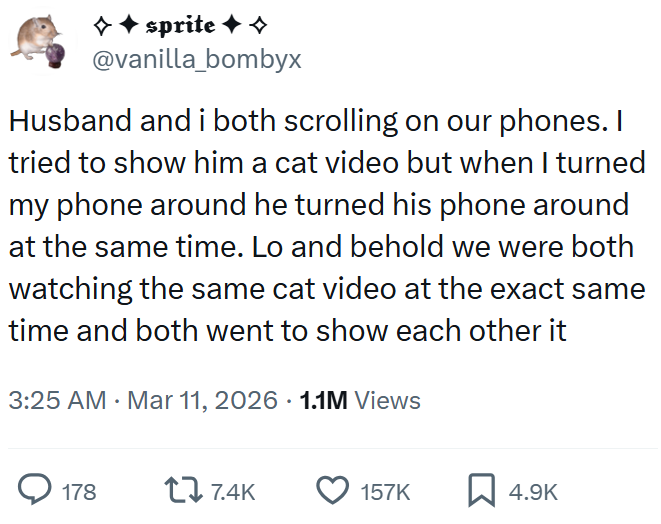 sprite ✦◇ @vanilla_bombyx Husband and i both scrolling on our phones. I tried to show him a cat video but when I turned my phone around he turned his phone around at the same time. Lo and behold we were both watching the same cat video at the exact same time and both went to show each other it 3:25 AM Mar 11, 2026 . 1.1M Views 178 17.4K 157K ☐ 4.9K