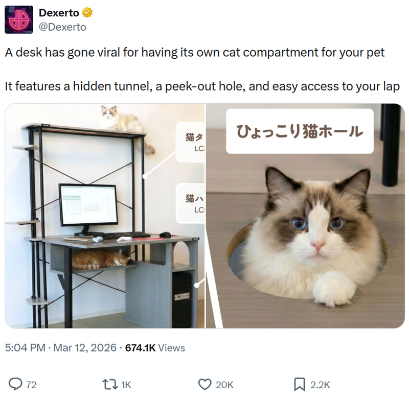 Dexerto @Dexerto A desk has gone viral for having its own cat compartment for your pet It features a hidden tunnel, a peek-out hole, and easy access to your lap " 5:04 PM · Mar 12, 2026 674.1K Views 72 11K 猫夕 ひょっこり猫ホール LC 猫八 LC 20K ☐ 2.2K