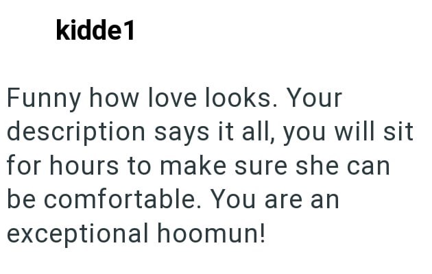 kidde1 Funny how love looks. Your description says it all, you will sit for hours to make sure she can be comfortable. You are an exceptional hoomun!