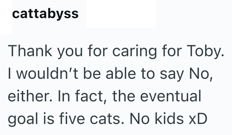cattabyss Thank you for caring for Toby. I wouldn't be able to say No, either. In fact, the eventual goal is five cats. No kids xD