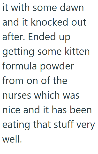 it with some dawn and it knocked out after. Ended up getting some kitten formula powder from on of the nurses which was nice and it has been eating that stuff very well.