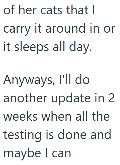 of her cats that I carry it around in or it sleeps all day. Anyways, I'll do another update in 2 weeks when all the testing is done and maybe I can