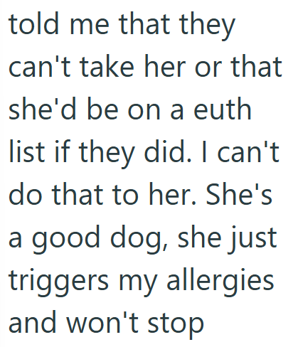 told me that they can't take her or that she'd be on a euth list if they did. I can't do that to her. She's a good dog, she just triggers my allergies and won't stop