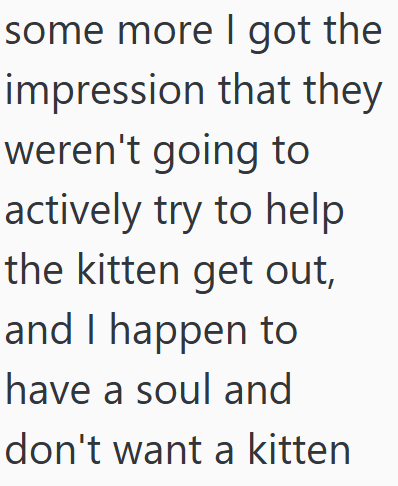 some more I got the impression that they weren't going to actively try to help the kitten get out, and I happen to have a soul and don't want a kitten