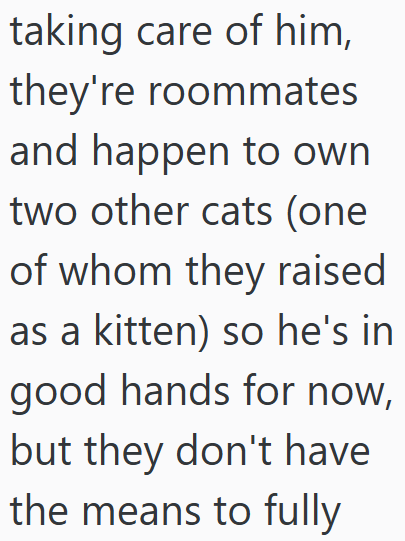 taking care of him, they're roommates and happen to own two other cats (one of whom they raised as a kitten) so he's in good hands for now, but they don't have the means to fully