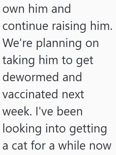 own him and continue raising him. We're planning on taking him to get dewormed and vaccinated next week. I've been looking into getting a cat for a while now