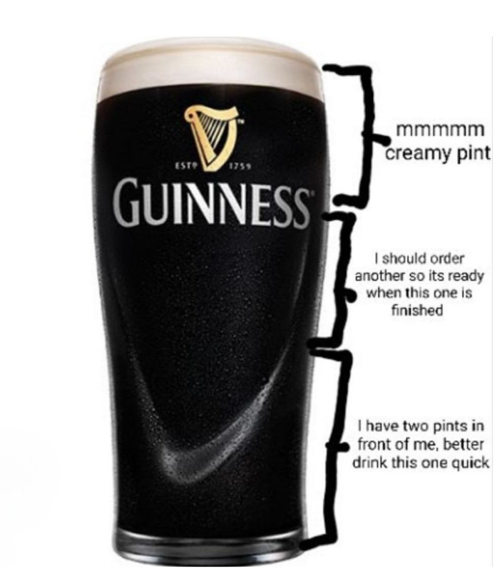 mmmmm creamy pint EST GUINNESS I should order another so its ready when this one is finished I have two pints in front of me, better drink this one quick