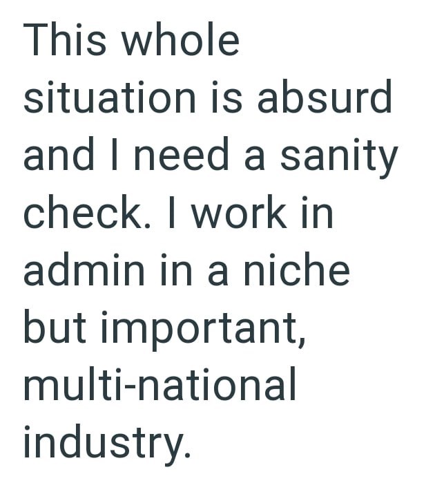 This whole situation is absurd and I need a sanity check. I work in admin in a niche but important, multi-national industry.