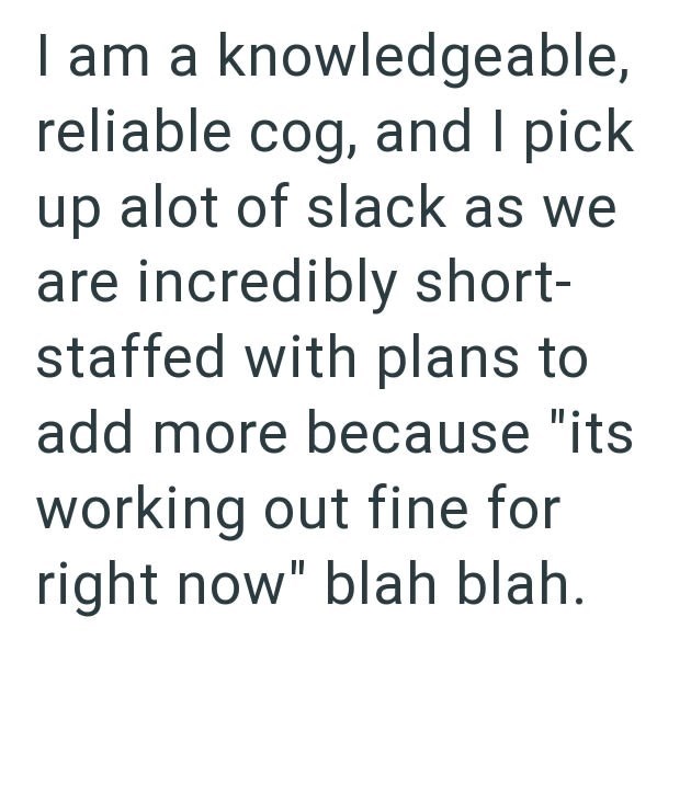 I am a knowledgeable, reliable cog, and I pick up alot of slack as we are incredibly short- staffed with plans to add more because "its working out fine for right now" blah blah.