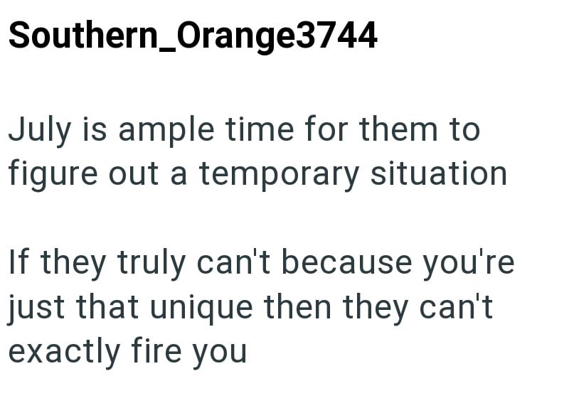 Southern_Orange3744 July is ample time for them to figure out a temporary situation If they truly can't because you're just that unique then they can't exactly fire you