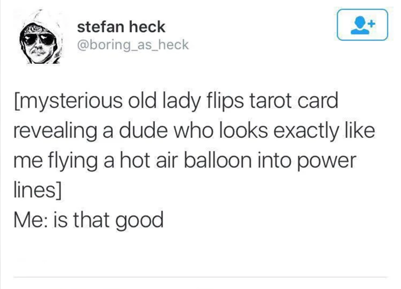 stefan heck @boring_as_heck [mysterious old lady flips tarot card revealing a dude who looks exactly like me flying a hot air balloon into power lines] Me: is that good