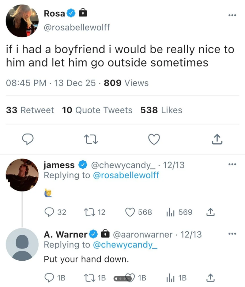 Rosa @rosabellewolff if i had a boyfriend i would be really nice to him and let him go outside sometimes 08:45 PM 13 Dec 25 809 Views . 33 Retweet 10 Quote Tweets 538 Likes jamess @chewycandy_ • 12/13 ... Replying to @rosabellewolff 32 1712 568 Ill 569 ↑ @aaronwarner - 12/13 ... A. Warner Replying to @chewycandy_ Put your hand down. 1B 1B 1B ılı 1B ↑