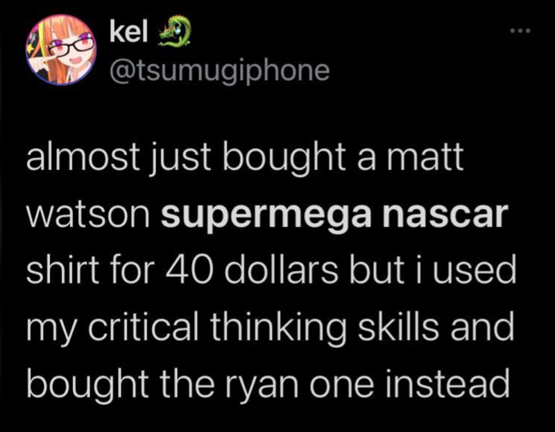 kel @tsumugiphone almost just bought a matt watson supermega nascar shirt for 40 dollars but i used my critical thinking skills and bought the ryan one instead