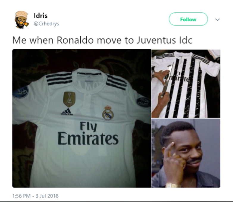 Idris @Crhedrys Follow Me when Ronaldo move to Juventus Idc FIFA adidas Fly Emirates 1:56 PM - 3 Jul 2018