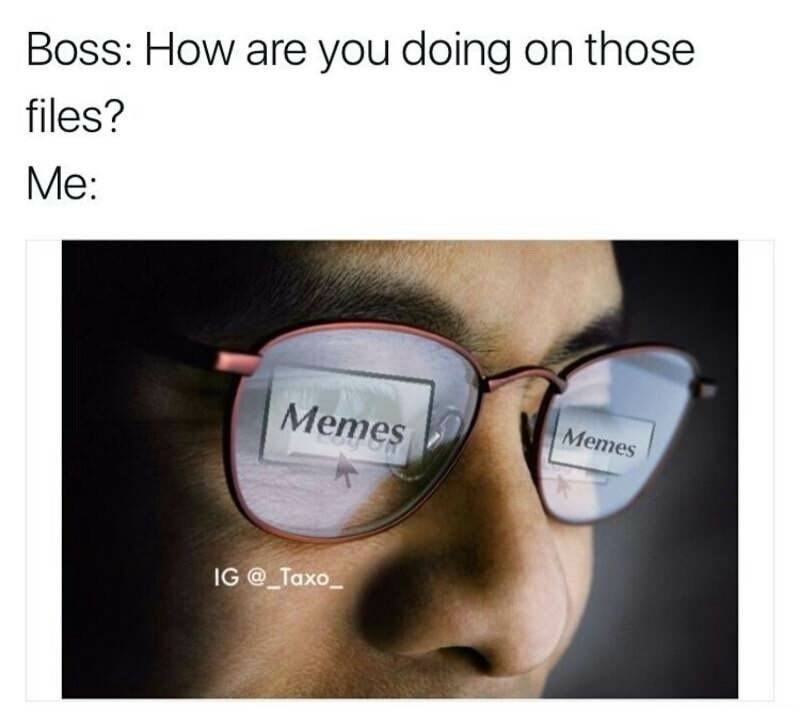 Boss: How are you doing on those files? Me: Memes Memes IG @_Taxo_