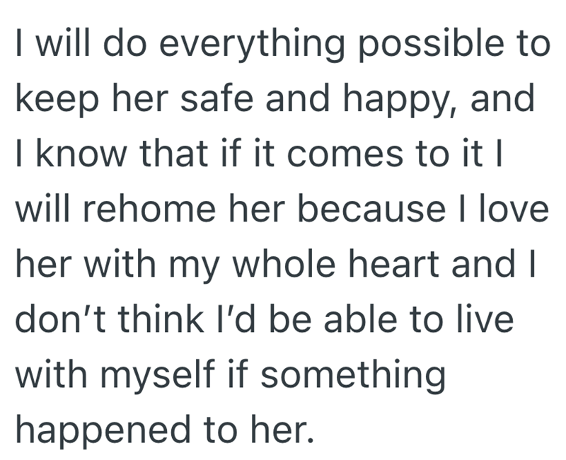 I will do everything possible to keep her safe and happy, and I know that if it comes to it I will rehome her because I love her with my whole heart and I don't think I'd be able to live with myself if something happened to her.