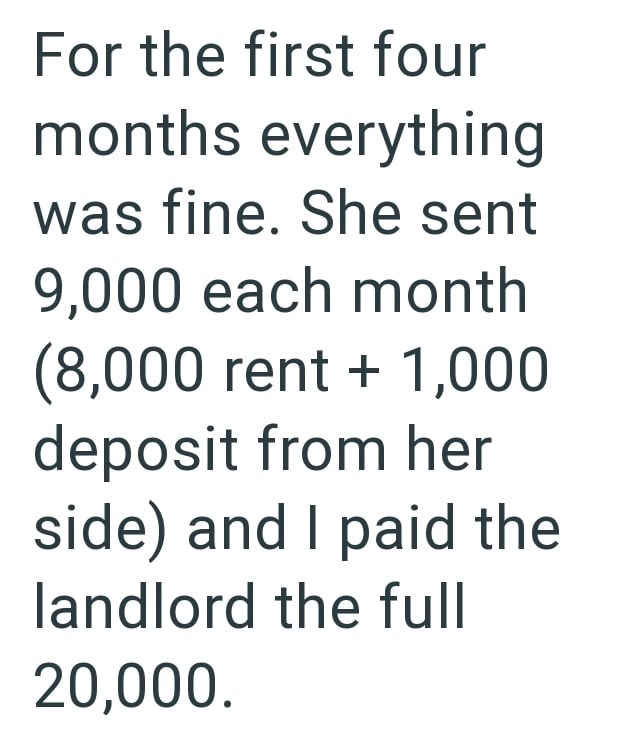 For the first four months everything was fine. She sent 9,000 each month (8,000 rent + 1,000 deposit from her side) and I paid the landlord the full 20,000.