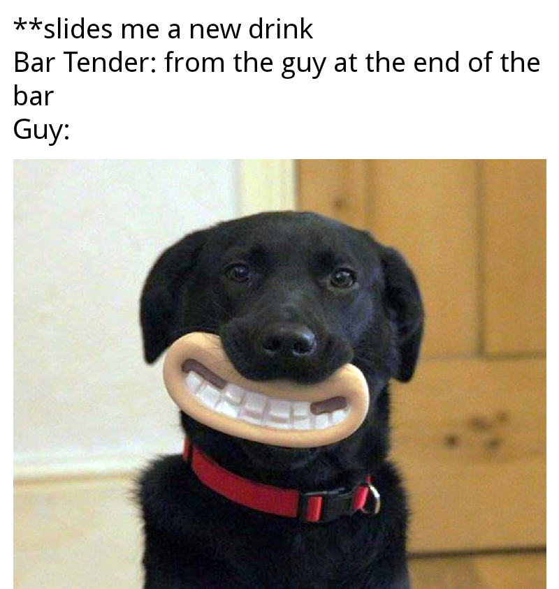 **slides me a new drink Bar Tender: from the guy at the end of the bar Guy: