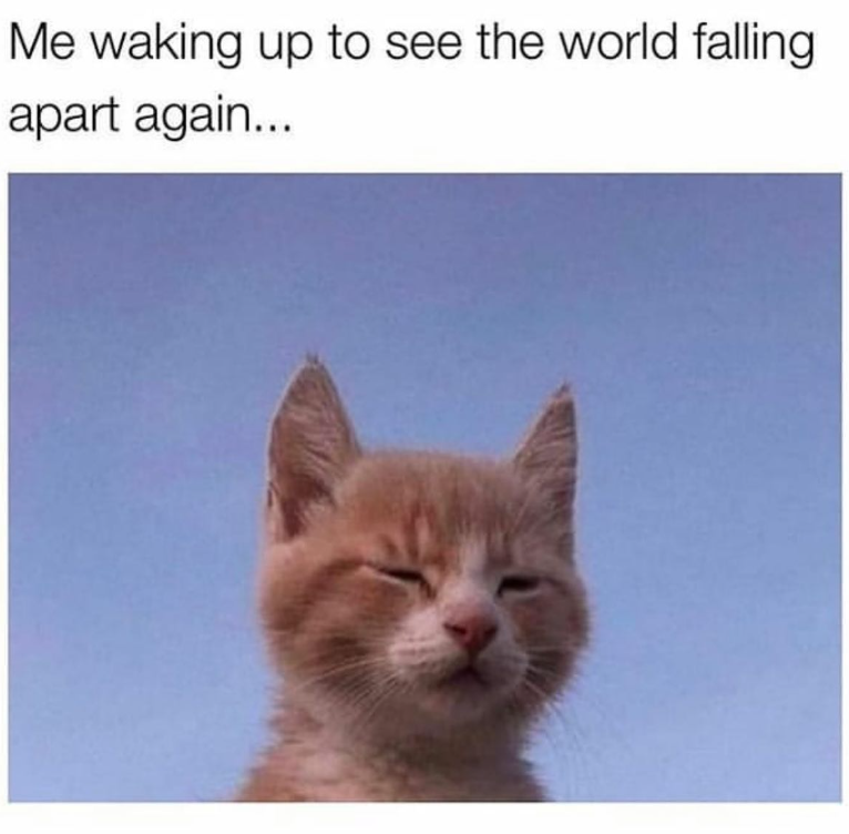Me waking up to see the world falling apart again...