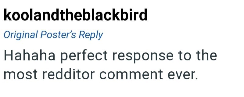 koolandtheblackbird Original Poster's Reply Hahaha perfect response to the most redditor comment ever.