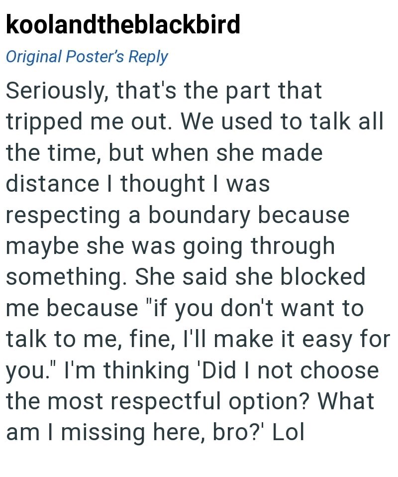 koolandtheblackbird Original Poster's Reply Seriously, that's the part that tripped me out. We used to talk all the time, but when she made distance I thought I was respecting a boundary because maybe she was going through something. She said she blocked me because "if you don't want to talk to me, fine, I'll make it easy for you." I'm thinking 'Did I not choose the most respectful option? What am I missing here, bro?' Lol