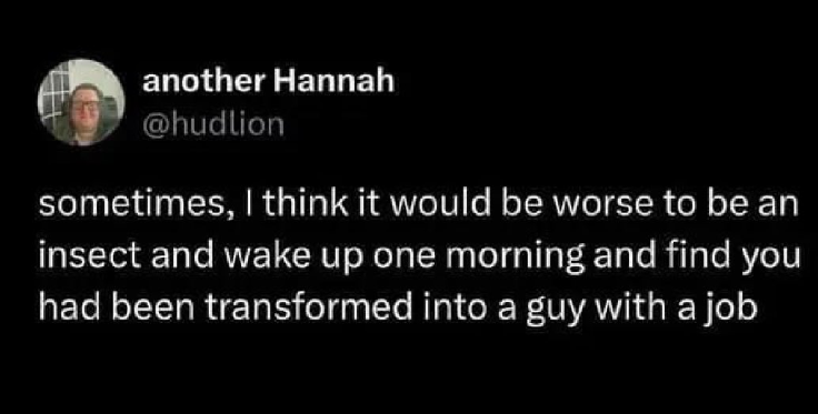 another Hannah @hudlion sometimes, I think it would be worse to be an insect and wake up one morning and find you had been transformed into a guy with a job