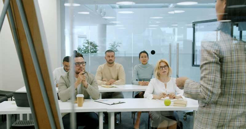 A businesswoman presents in a meeting room to colleagues sitting in rows