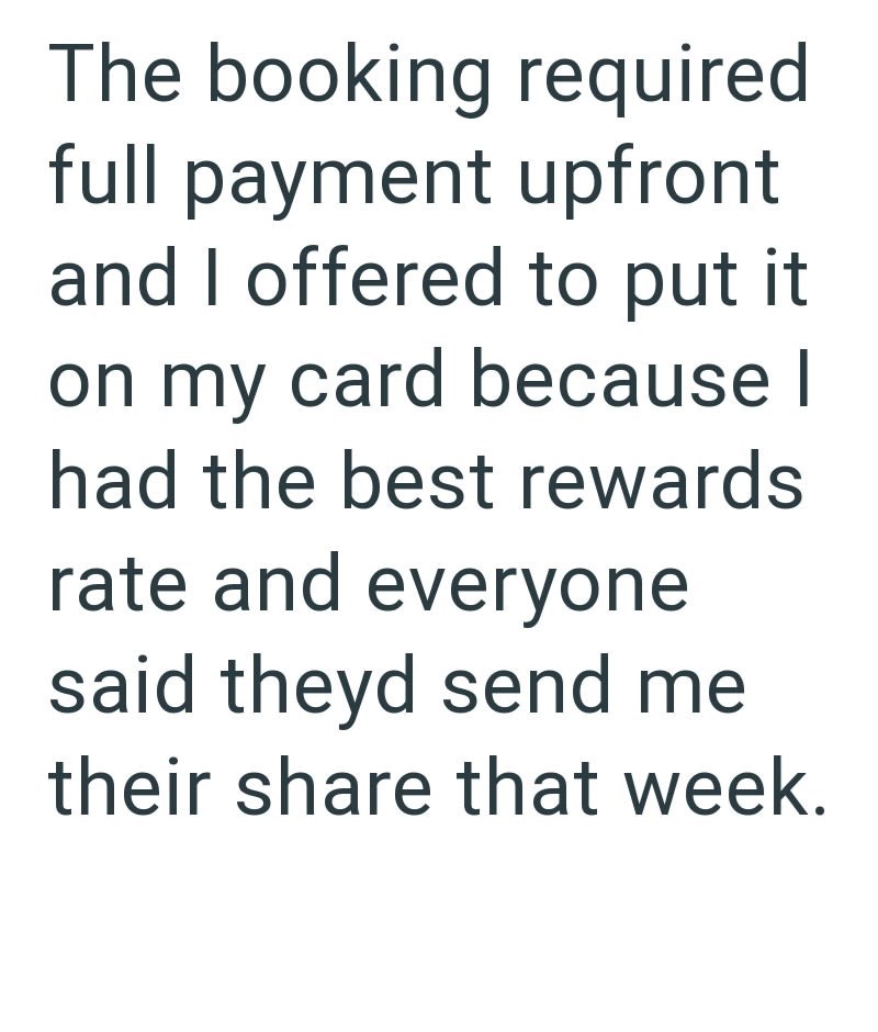 The booking required full payment upfront and I offered to put it on my card because I had the best rewards rate and everyone said theyd send me their share that week.