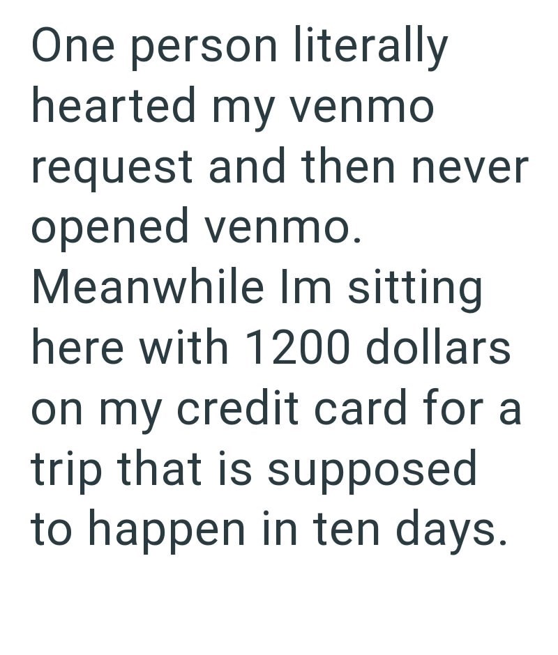One person literally hearted my venmo request and then never opened venmo. Meanwhile Im sitting here with 1200 dollars on my credit card for a trip that is supposed to happen in ten days.