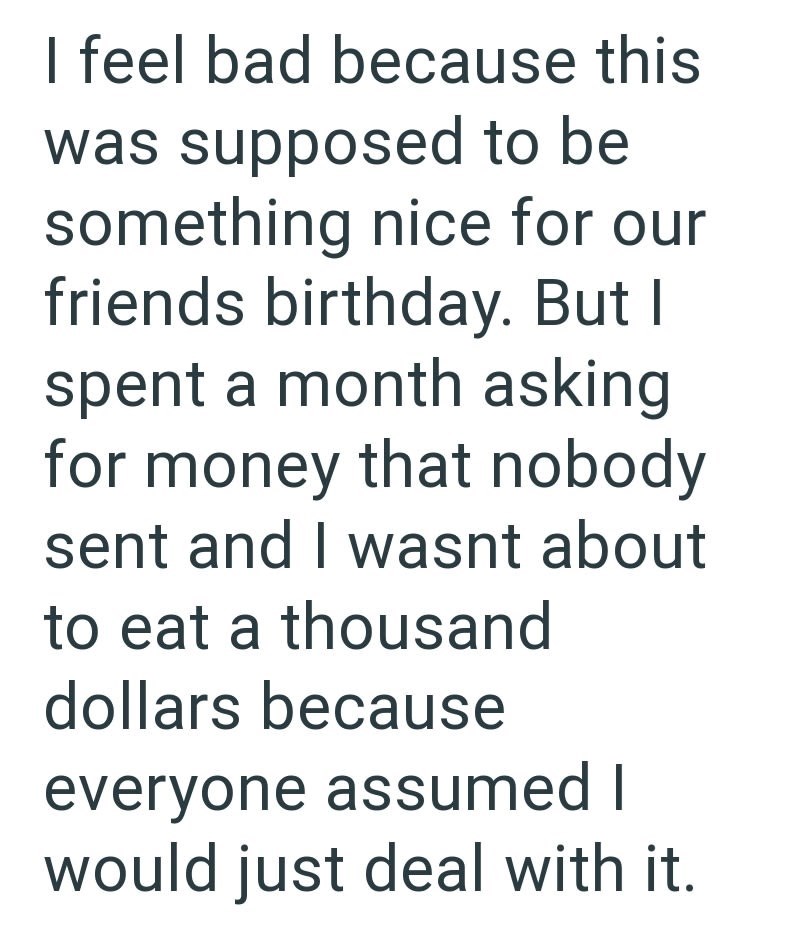I feel bad because this was supposed to be something nice for our friends birthday. But I spent a month asking for money that nobody sent and I wasnt about to eat a thousand dollars because everyone assumed I would just deal with it.