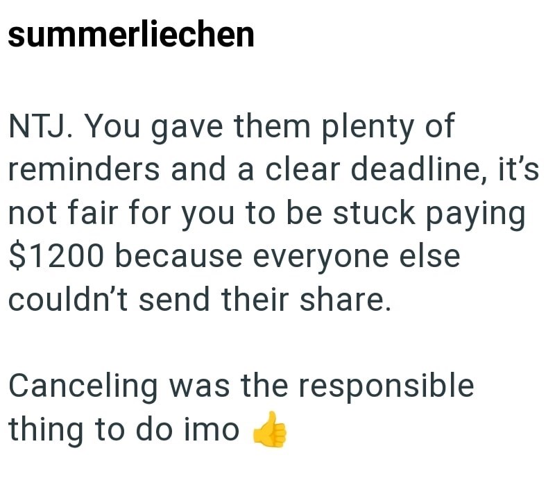 summerliechen NTJ. You gave them plenty of reminders and a clear deadline, it's not fair for you to be stuck paying $1200 because everyone else couldn't send their share. Canceling was the responsible thing to do imo