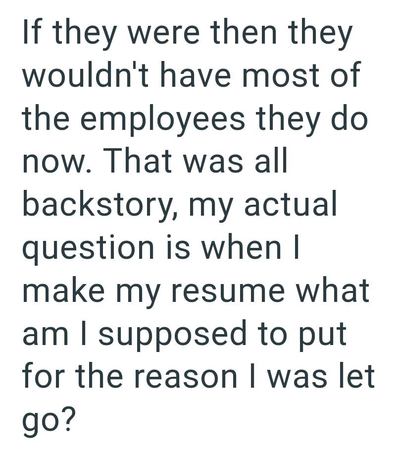 If they were then they wouldn't have most of the employees they do now. That was all backstory, my actual question is when I make my resume what am I supposed to put for the reason I was let go?