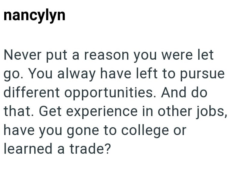 nancylyn Never put a reason you were let go. You alway have left to pursue different opportunities. And do that. Get experience in other jobs, have you gone to college or learned a trade?