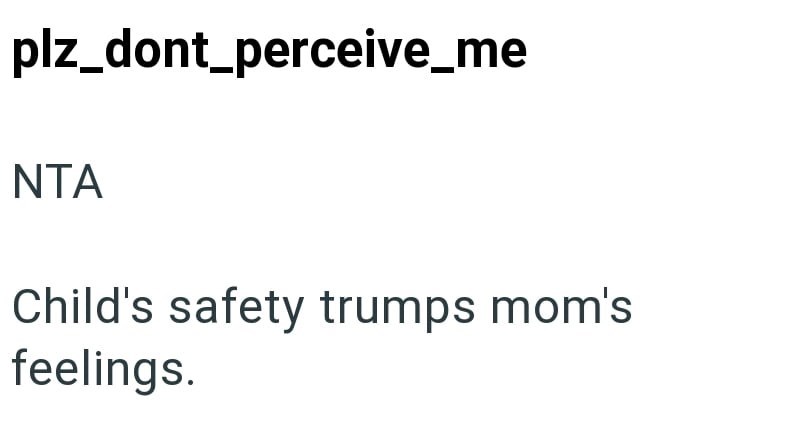 plz_dont_perceive_me NTA Child's safety trumps mom's feelings.