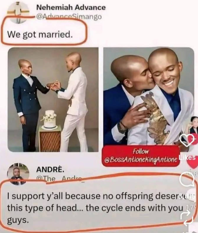 Nehemiah Advance @AdvanceSimango We got married. Follow @BossAntioneKingAntione Likes ANDRE. The Andre I support y'all because no offspring deserves this type of head... the cycle ends with you 179 guys.