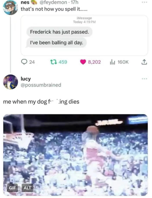 nes @feydemon 17h that's not how you spell it....... iMessage lucy Today 4:19 PM Frederick has just passed. I've been balling all day. 24 1459 8,202 Il 160K ↑ @possumbrained me when my dog fing dies GIF ALT -