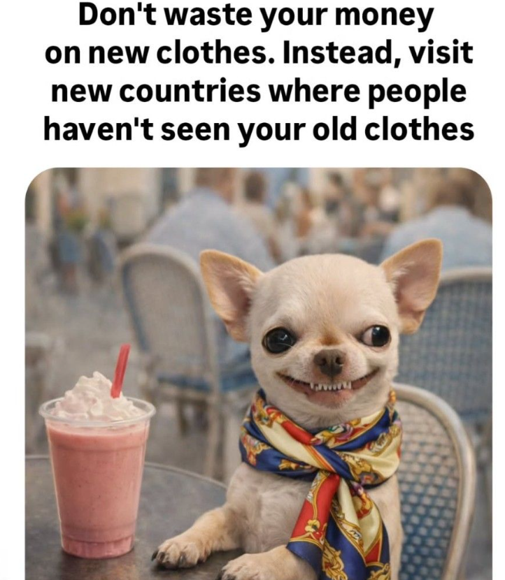 Don't waste your money on new clothes. Instead, visit new countries where people haven't seen your old clothes