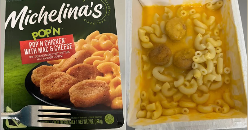 EDIENTS Michelina's POP'N POP'N CHICKEN WITH MAC&CHEESE WHITE CHICKEN NUGGET PATTY FRITTERS WITH MACARONI & CHEESE INCE 1990 E ENLARGED TO SHOW DETAIL SERVING SUGGESTIA ROUGHLY I NET WT.7 OZ. (198 g)