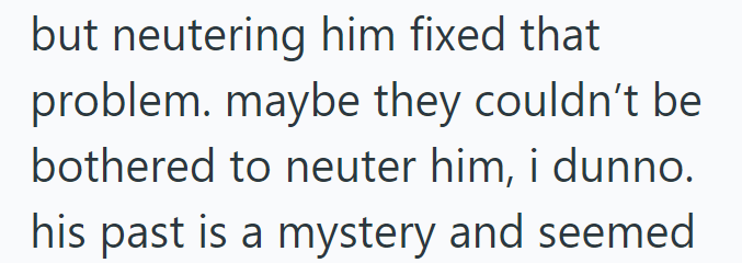 but neutering him fixed that problem. maybe they couldn't be bothered to neuter him, i dunno. his past is a mystery and seemed