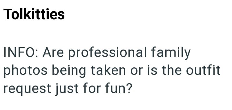 Tolkitties INFO: Are professional family photos being taken or is the outfit request just for fun?