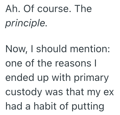 Ah. Of course. The principle. Now, I should mention: one of the reasons I ended up with primary custody was that my ex had a habit of putting