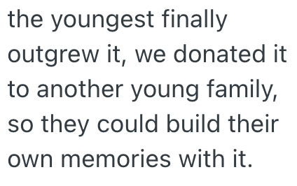 the youngest finally outgrew it, we donated it to another young family, so they could build their own memories with it.